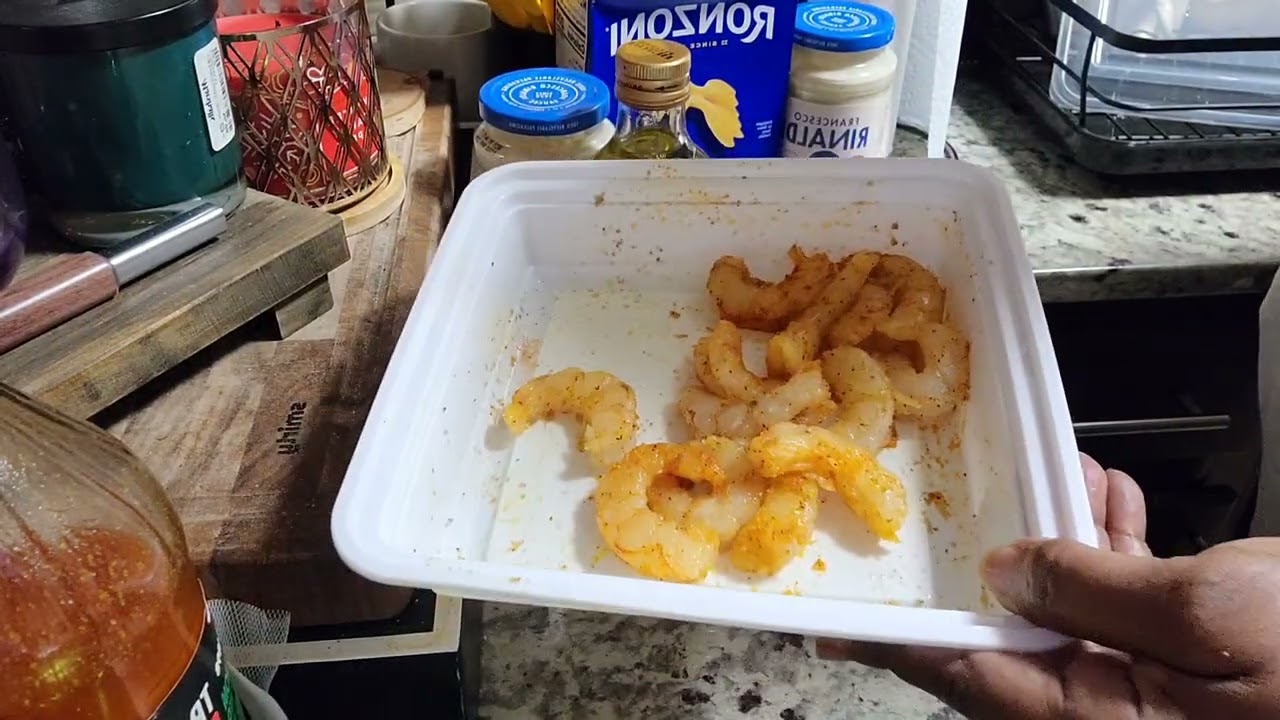 Sunday's dinner.  Shrimp Alfredo with bow tie pasta. 