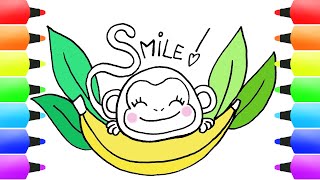 SMILE! How To Draw CUTE Monkey | Cute Smiling BABY Monkey with Banana (Easy Drawing for Kids)