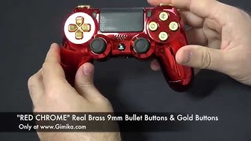 "PS4 Red Chrome" w/ Real 9mm Bullet Buttons, Gold D-Pad,Triggers, Bumpers Buttons by Gimika.com