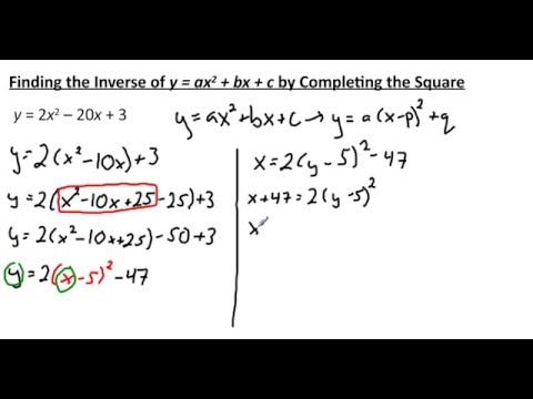 Finding The Inverse Of Y Ax2 Bx C By Completing The Square Youtube