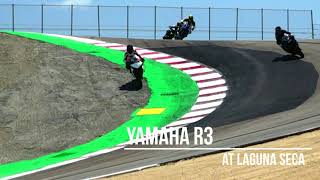 Yamaha R3 lapping Laguna Seca: consistent 1:47 laps (with sound check slow downs)