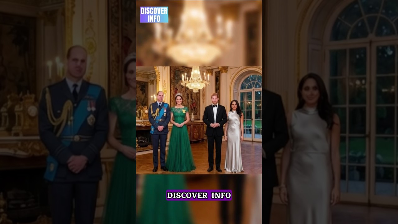 Принц Уильям, Кейт, Гарри и Меган в бальном зале дворца с кинематографическим освещением 