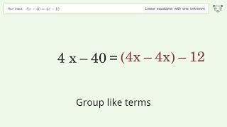 Linear equation with one unknown: Solve 8x-40=4x-12 step-by-step solution