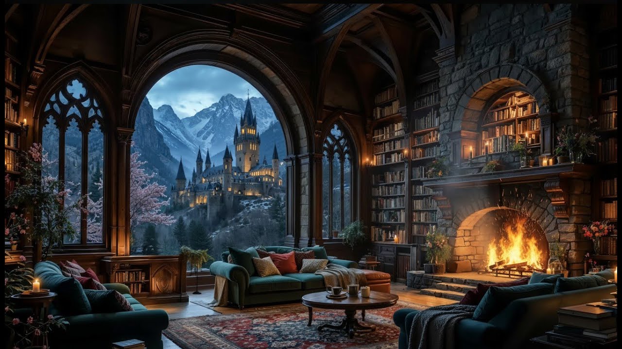 Cozy Fantasy Fireplace in a Grand Library | Warm Ambient Music for Relaxation (1 Hours)