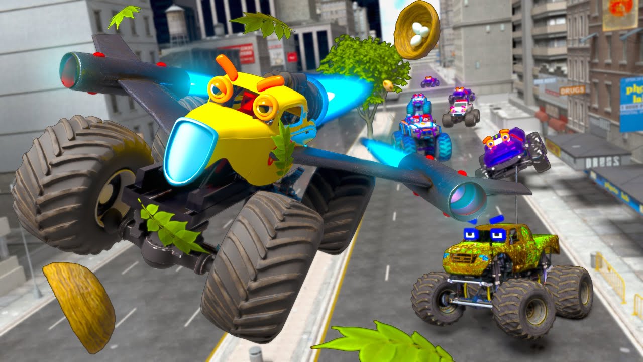 🔥 Flying Monster Truck vs Jungle Riders in Epic City Race 🚚💨✨