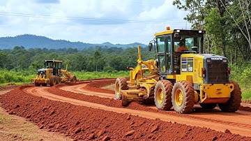 Powerful KOMATSU Grader Machines Leveling and Compacting Soil for New Foundation Road Development