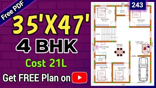 35 x 47 house plan with 4 bedroom interior design II 35 x 47 ghar ka naksha