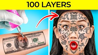 100 LAYERS CHALLENGE || 1000 Coats of TATTOOS, Lashes, Makeup! Funny DARE GAME by 123 GO!CHALLENGE