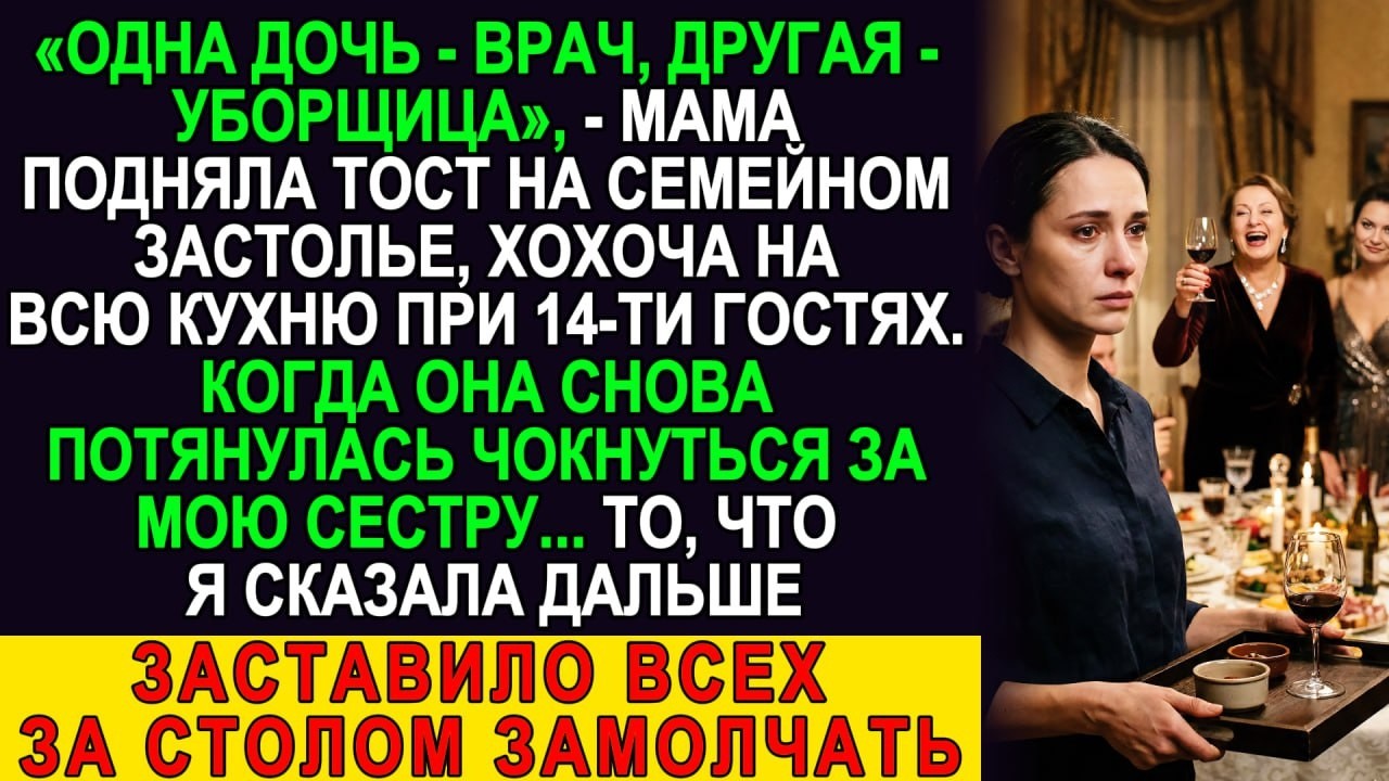 Мать подняла бокал при 14 гостях: «Одна дочь — врач, другая — уборщица!» Зал замер. А я улыбнулась