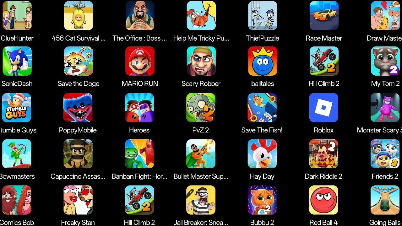 Roblox,Poppy Play 4,Grimace Monster Scary survival,Granny,Temple Run 2,Heros,Count Master,Mario Run