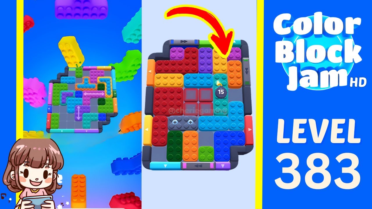 Color Block Jam Level 383 Level 383 board with a central red 2x2 target, a gray screw blocker, and a cyan 15 countdown piece opening frame