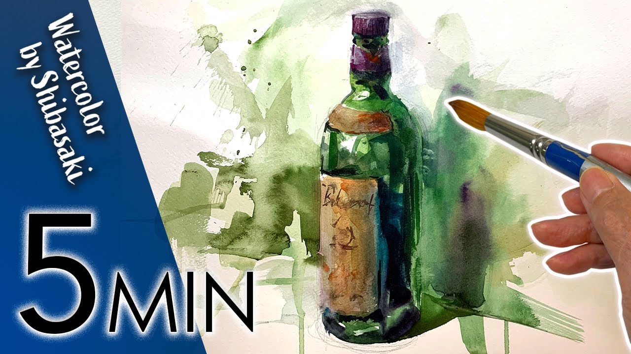 [Eng sub] 5 min Watercolor How to Draw & Paint a green glass bottle