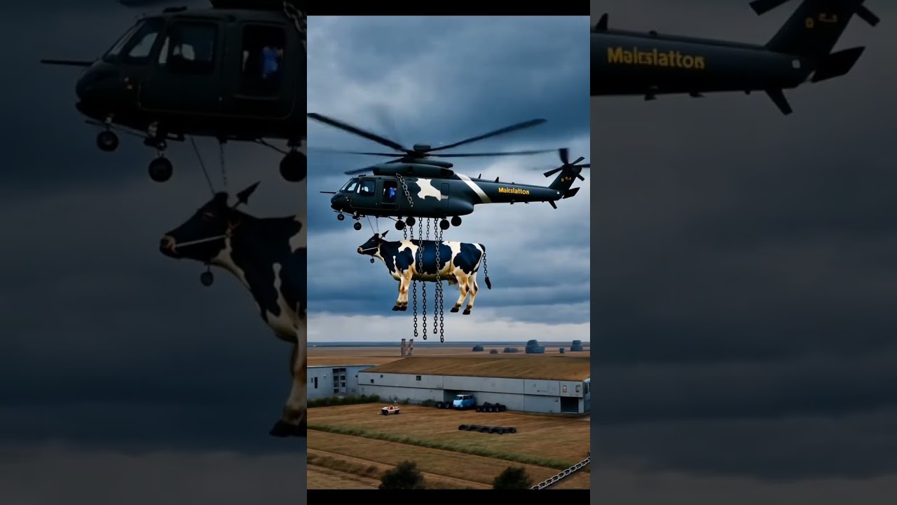 cow is lifting by crane 