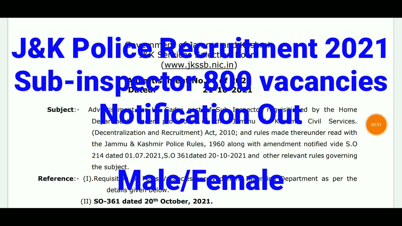 JK Police Sub Inspector (SI) 800  Vacancies 2021 Notification Out (JKSSB Notification 06 of 2021)