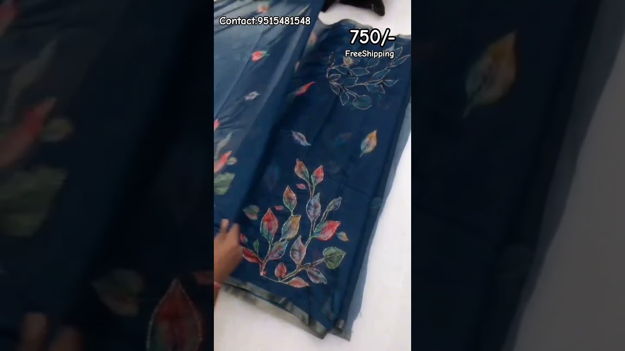 New Soft chenderi floral leaf design digital print with embroidery & cutdana arka outline with zari✨