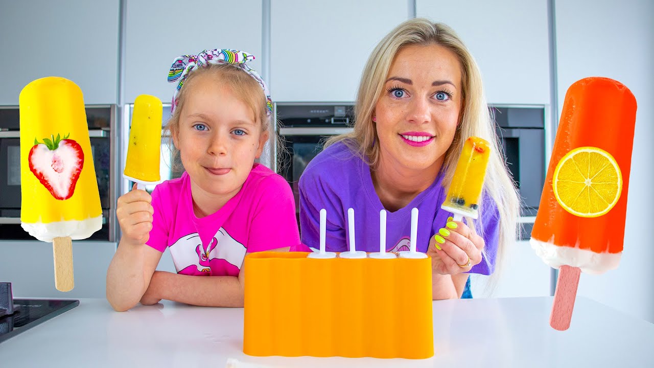Gaby and Mom making Real Fruit Ice Cream Popsicles | Healthy eating | Gaby and Alex Show