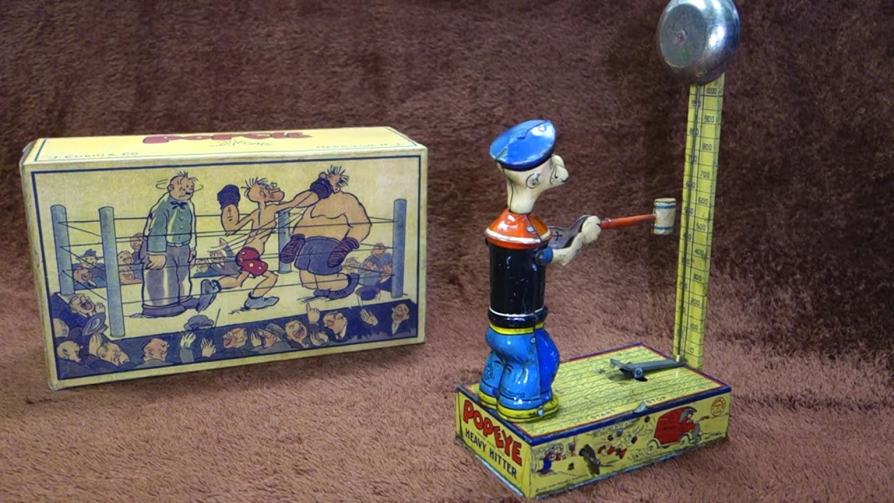 30s J.Chein Popeye Heavy Hitter Vintage Tin Wind up Toy