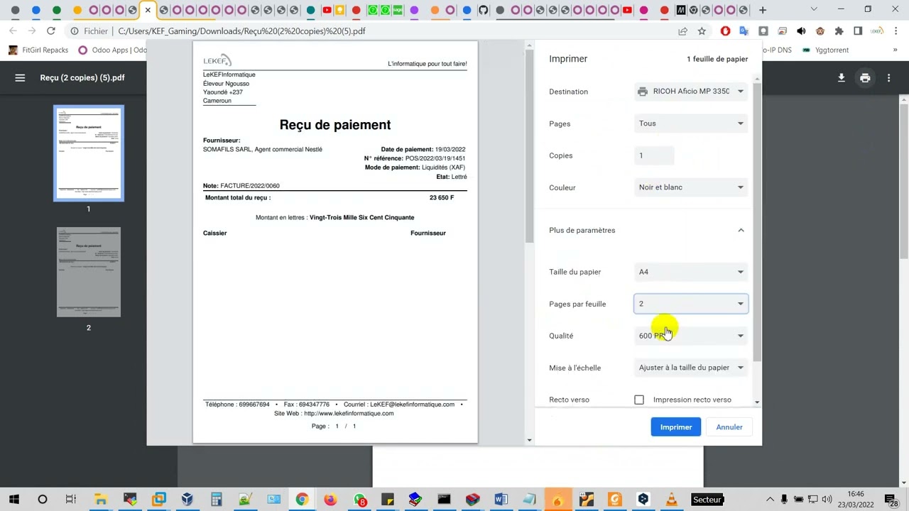 Odoo imprimer un reçu de paiement