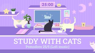 Study with Cats  Pomodoro 25/5 x Animation | Focus 1 hour with Calm Lofi | Cute purple desk setup ♡