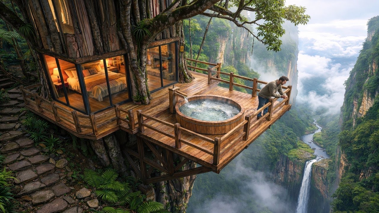 Building Tree House on a High Cliff Above a Waterfall (ASMR)