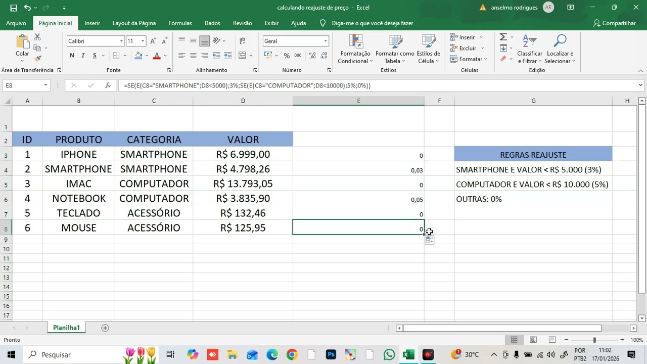 Função SE e Função E. Calculando Reajuste de Preço.