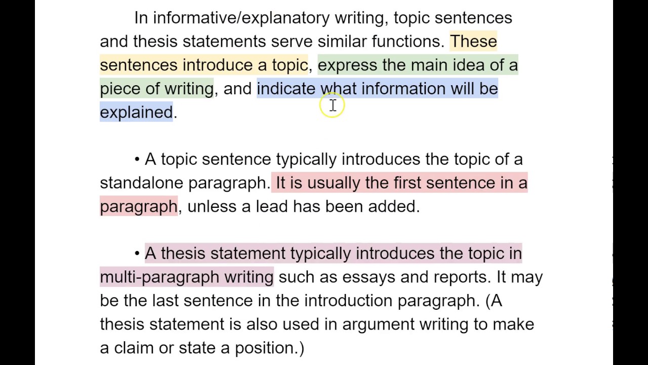 difference between topic sentence and thesis state