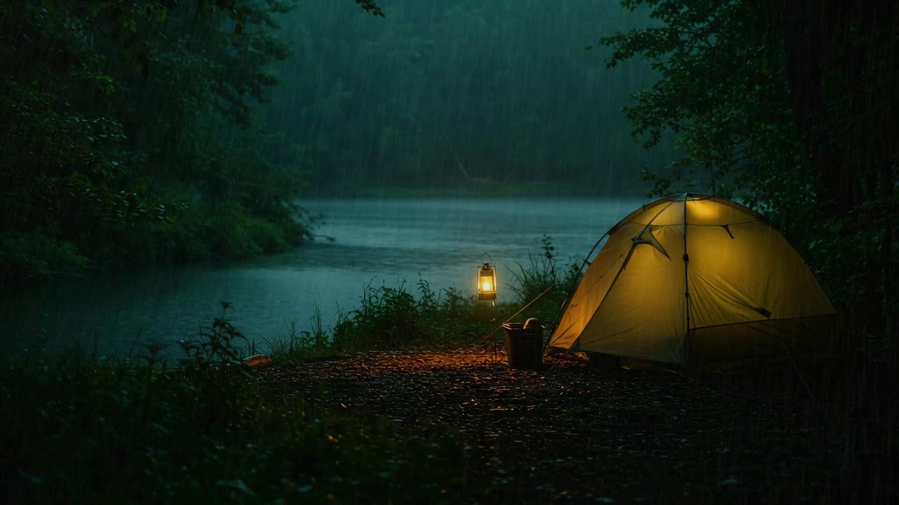 Tent Beside a Gentle River in Rain 4K | Sleep Ambience with Calming Rain Sounds