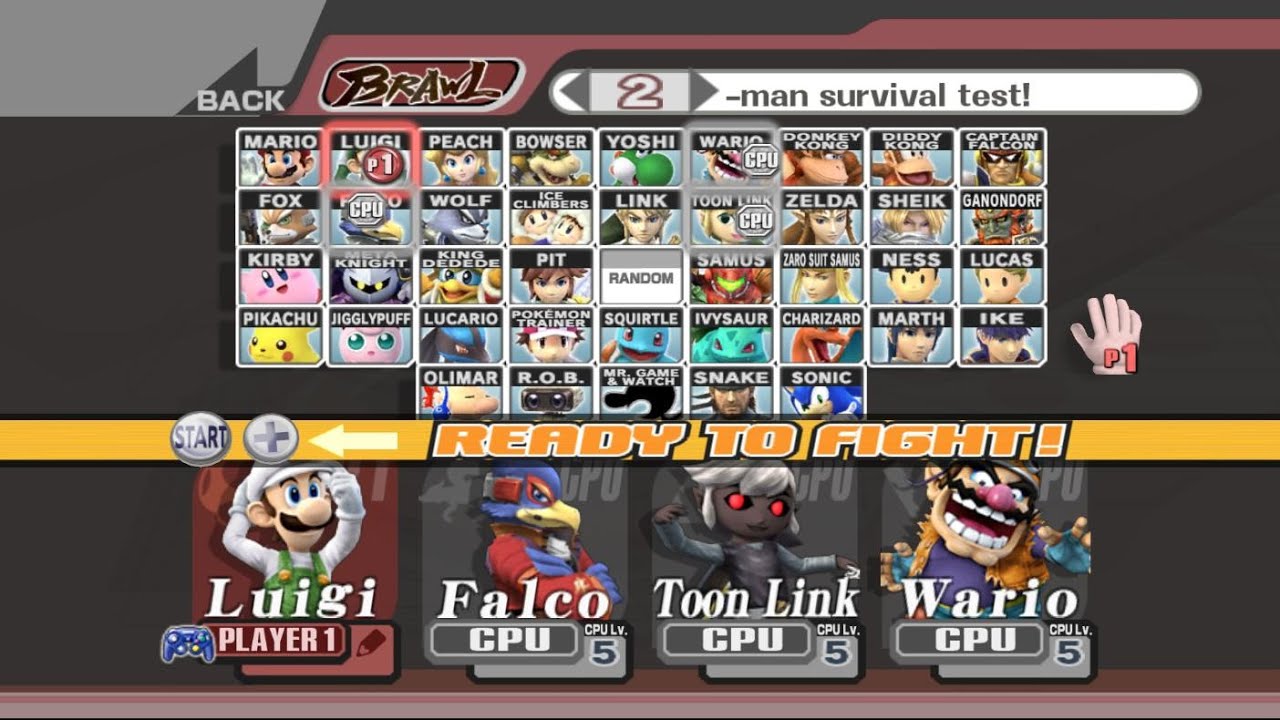 Luigi VS Falco VS Toon Link VS Wario | 2 Lifes | Super Smash Bros Brawl Fight 249