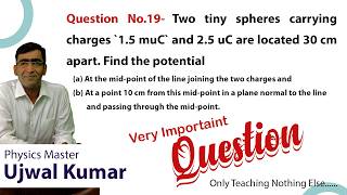 Two tiny spheres carrying charges 1.5 μC and 2.5 μC are located 30 cm apart. Find the potential and