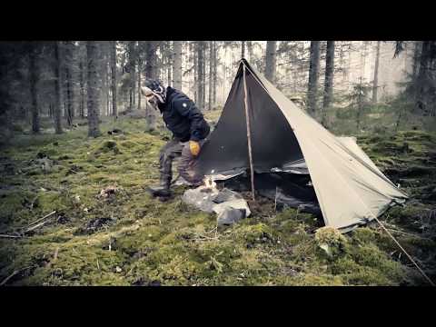 Bushcraft lightweight Loue / Lavvu open fire shelter test run - video from Mokkimies