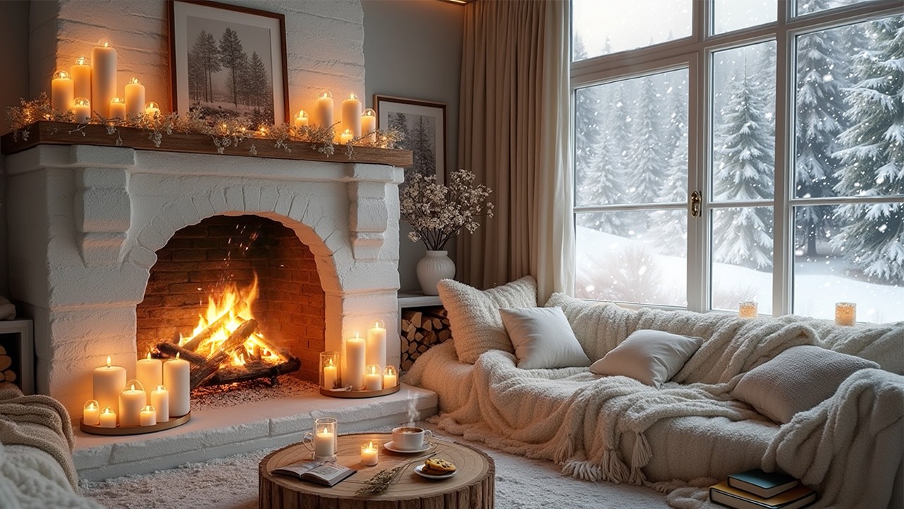 All-White Winter Sanctuary ❄️☕ Cozy Cabin in Snowy Forest | Crackling Fireplace, Hot Tea, Book ASMR