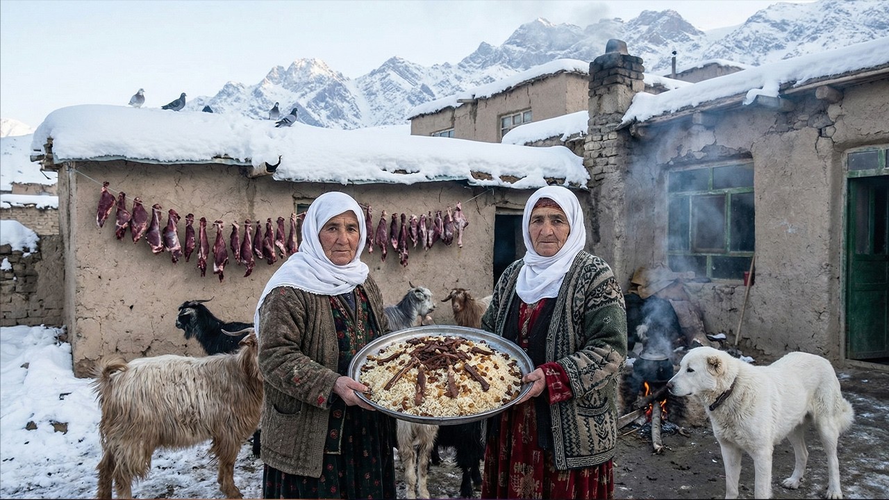 النجاة من البرد القارس في أبرد جبال أفغانستان | طهي قابلي بالاو باللحم المجفف