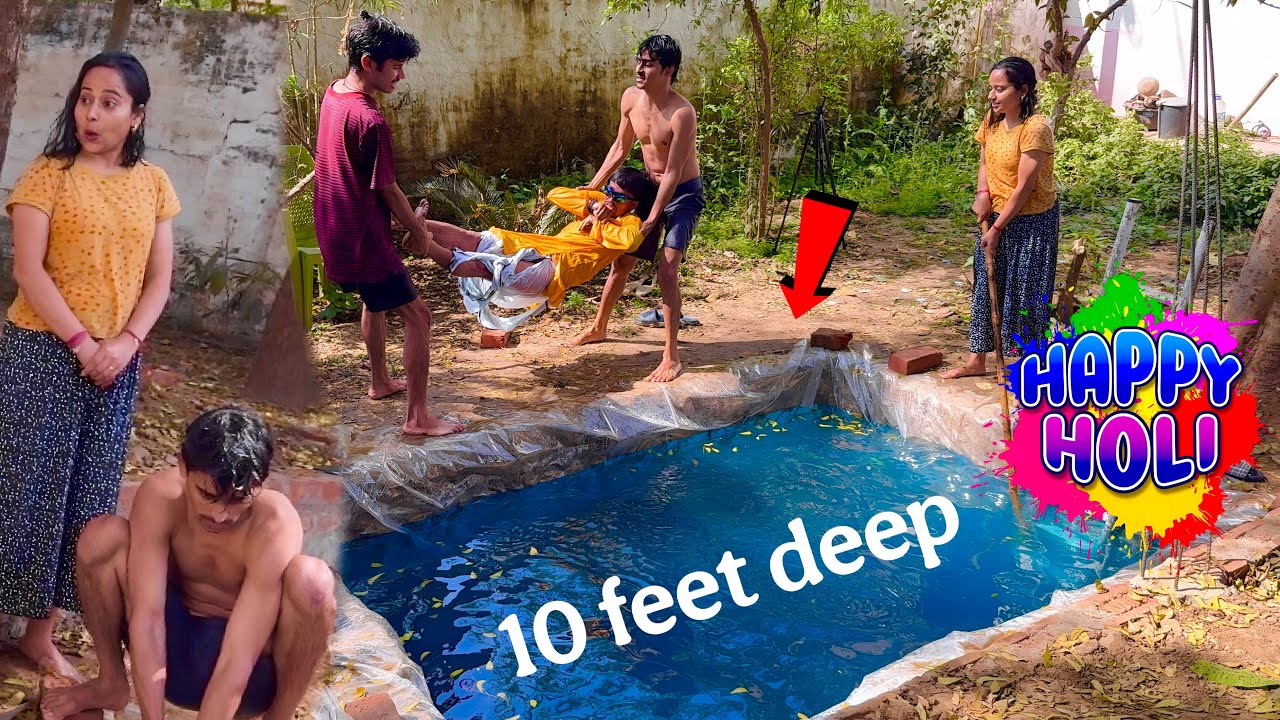 Holi celebration in 10 feet deep pool 🔥 | not easy to survive 