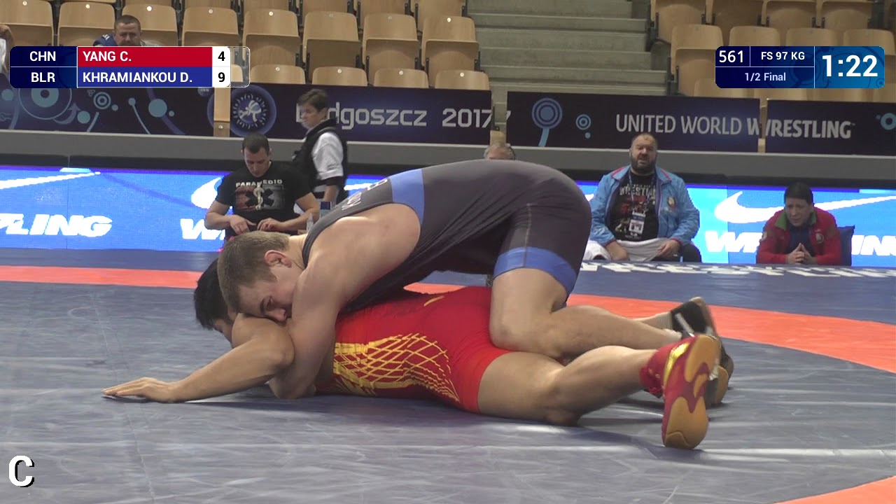 1/2 FS - 97 kg: D. KHRAMIANKOU (BLR) df. C. YANG (CHN) by VSU1, 17-6