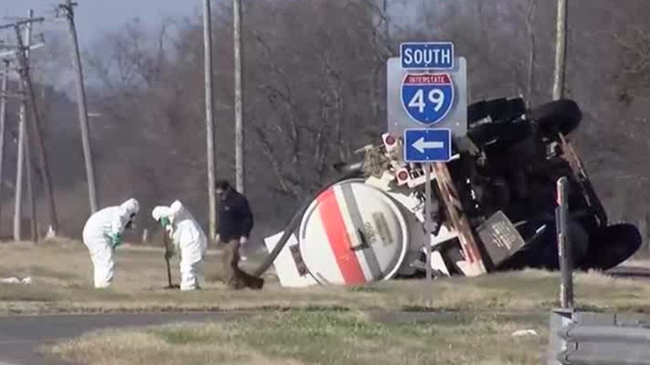 Cleanup continues after tanker truck spills acid-like liquid at I-49 at ...