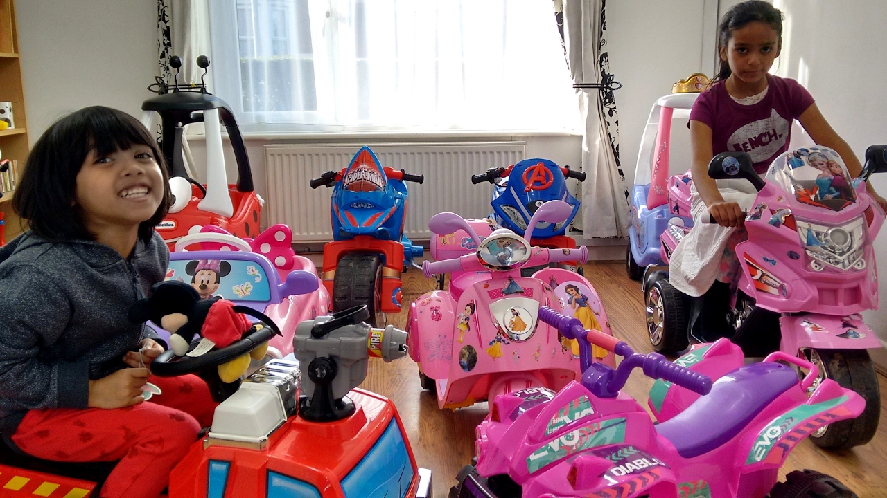 Little Girls Play with 10 Ride On Cars | Pink BMW Motorbike Peppa Pig