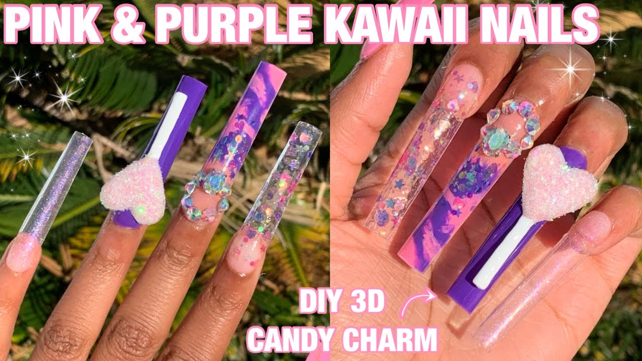 Pink & Purple Kawaii Nails, Encapsulated Apres Dupe Method, DIY 3D Nail  Charm