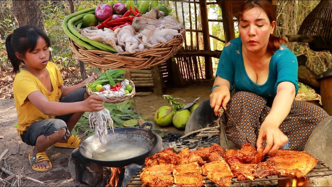 Grilled cow rib spicy and raw octopus with vegetable for eating delicious