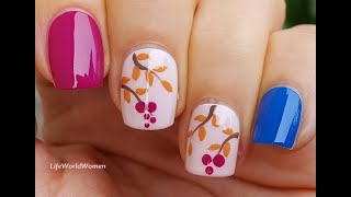 Colorful AUTUMN Leaf NAIL ART ~ Pink, Blue, Beige FALL NAILS 2021 ~ You Tube Life World Women DIY