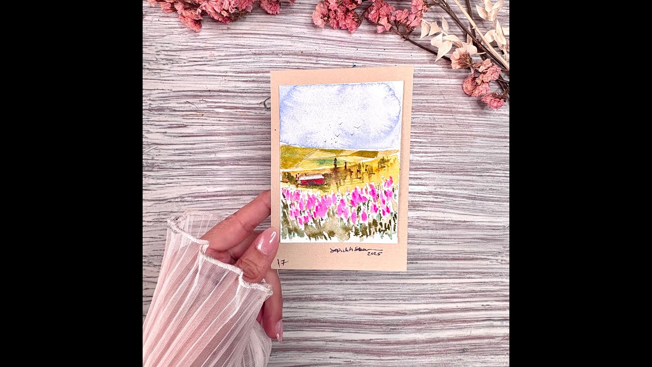 5 minutes step by step watercolor  painting -easy mini painting -mountain, flowers and a love shack 