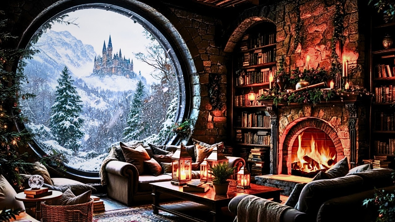 Cozy Library Ambience with Fireplace & Heavy Snowstorm - Relaxing Blizzard Sounds, Study & Sleep