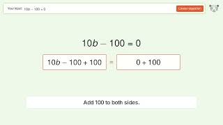 Solve 10b-100=0: Linear Equation Video Solution