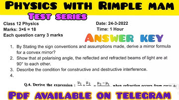 Answer key of test series 24-3-2022 | Unit-6 Optics | #physics #test_series #Rimple_mam