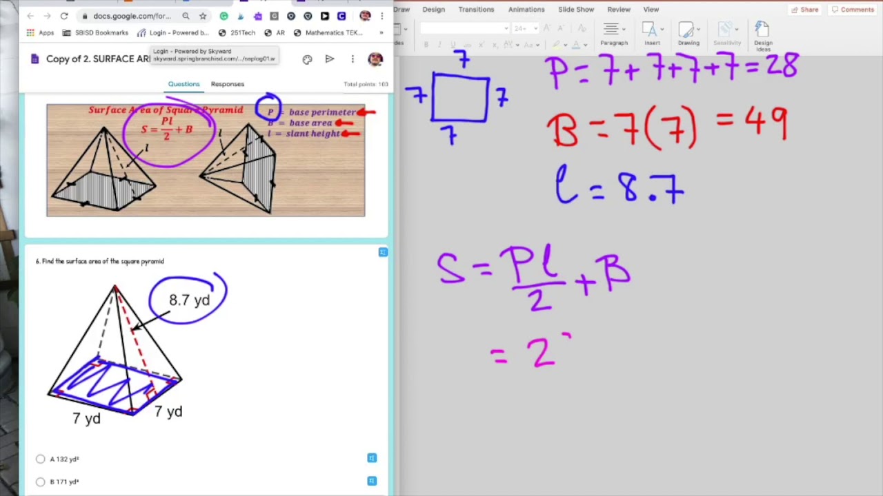 Finding the surface area of a square pyramid - YouTube