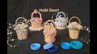 DIY,Making Basket with Plastic Bottles Cap and Matches,Wedding Favors, Mavi Kapaklardan Sepet Yapımı