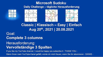 Sudoku Classic - Easy | Aug 20, 2021 | Goal: Complete 3 columns