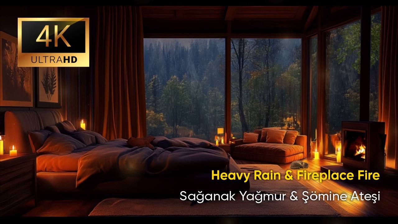 Rahatlatıcı Şömine Ateşi ve Sağanak Yağmur 4K