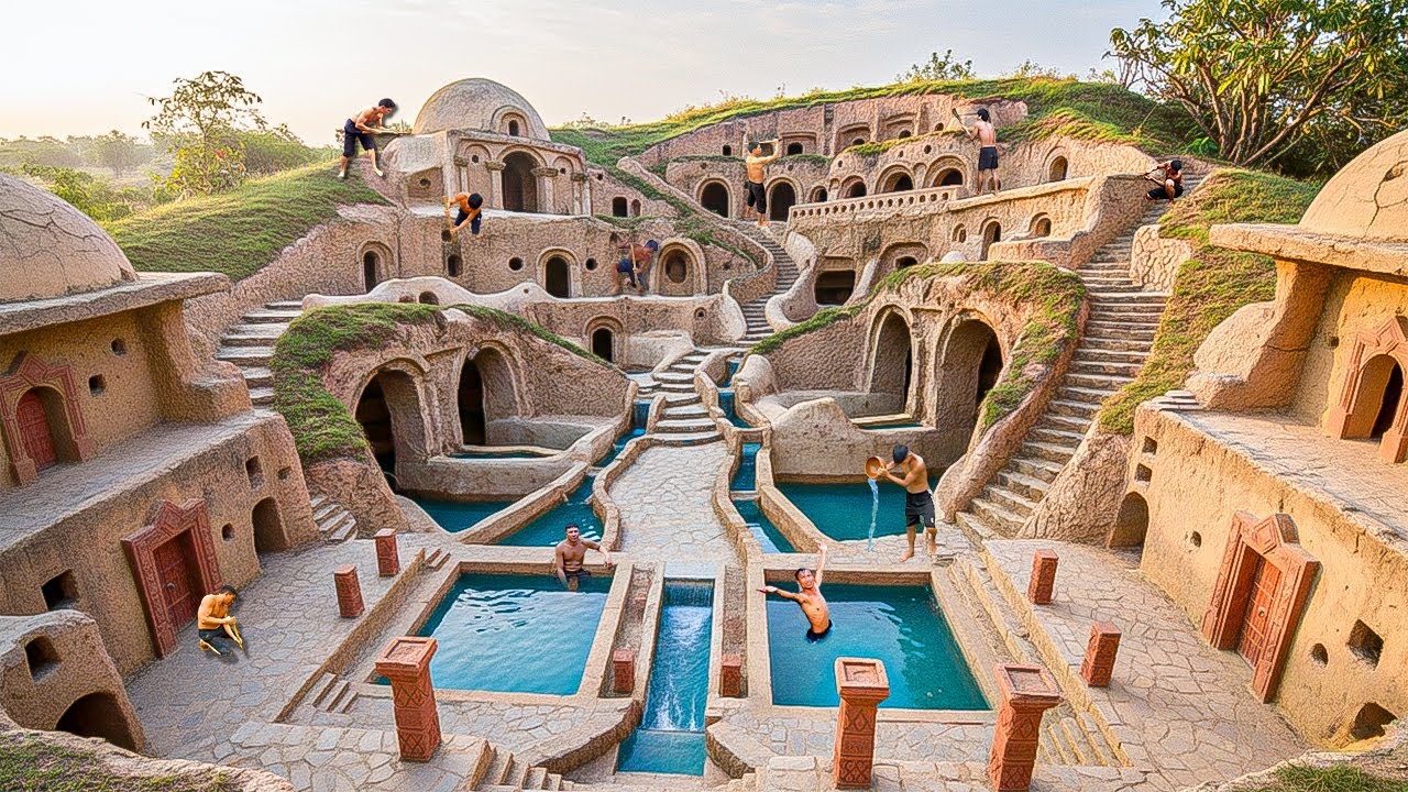 180 Days Building Hidden Underground House in a Hillside with Multi-Level Pools Using Primitive Tool
