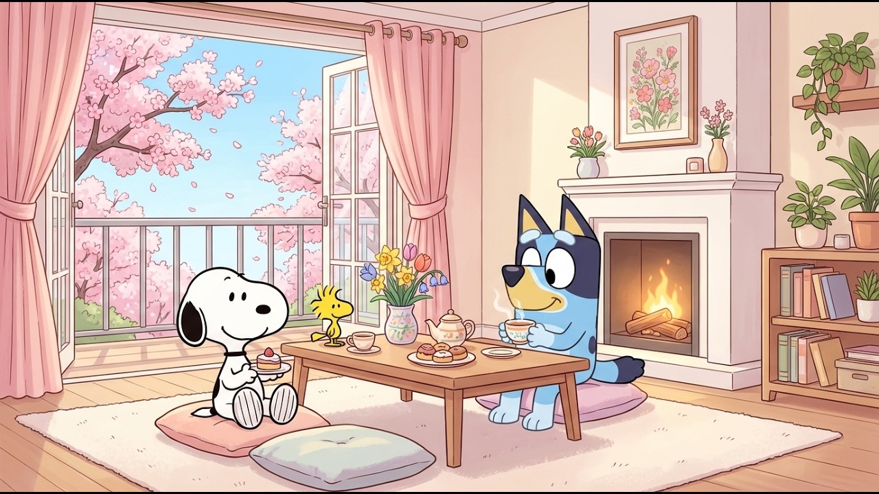 Snoopy & Bluey Cherry Blossom Tea Time 🌷 Classroom Lofi Beats for Focus & Study 📖 Peaceful Home Mood