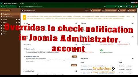 Joomla 4 Administrator account home dashboard with overrides notification